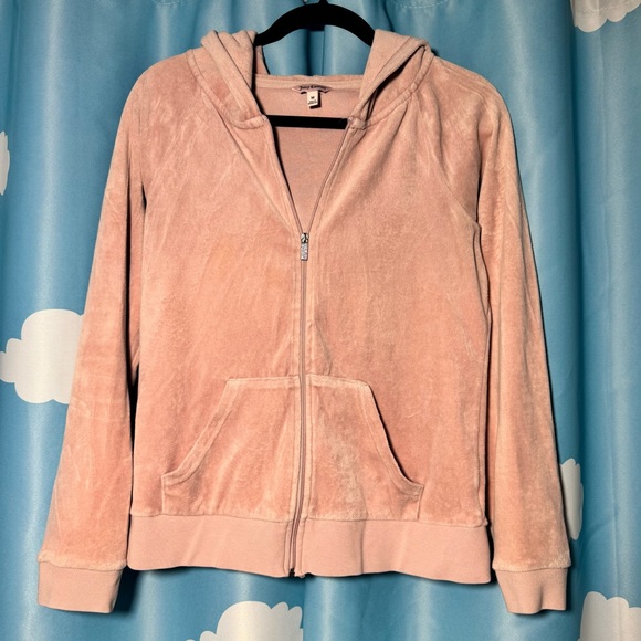 Juicy Couture Pink Velour Zip Hoodie Size M Y2K Rhinestone Bling front pockets - Picture 2 of 10